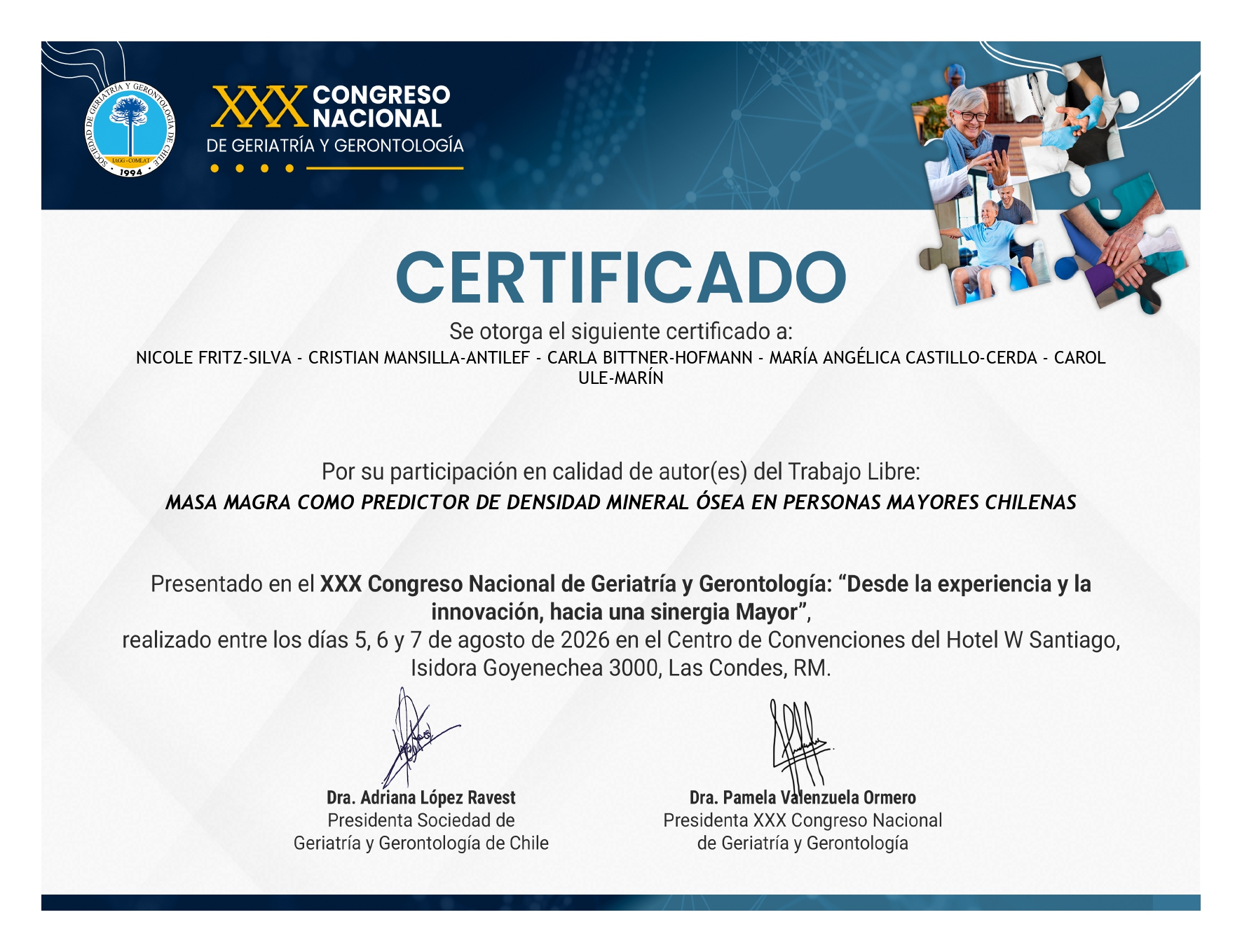 Certificado de participación en el XXX Congreso Nacional de Geriatría y Gerontología 2026